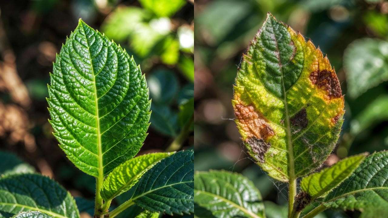 Jack of Diamonds spider mite damage vs healthy leaf comparison