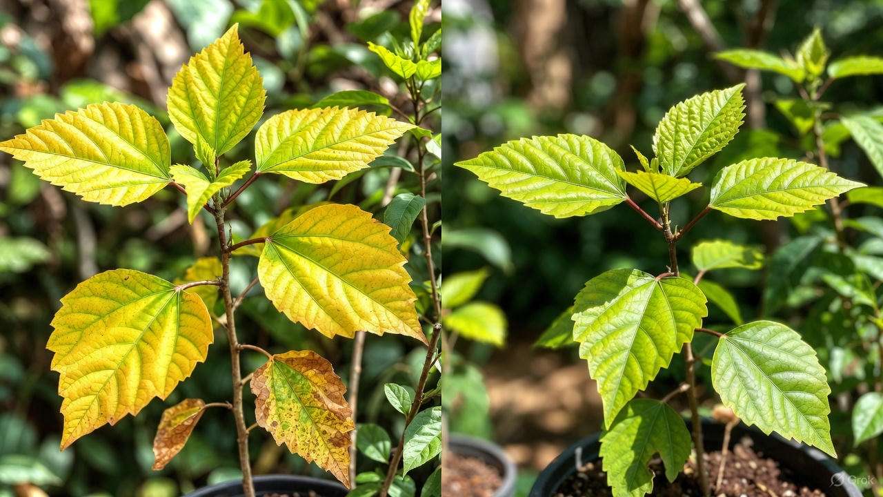 Fixing yellow leaves on white hibiscus caused by high soil pH – before and after