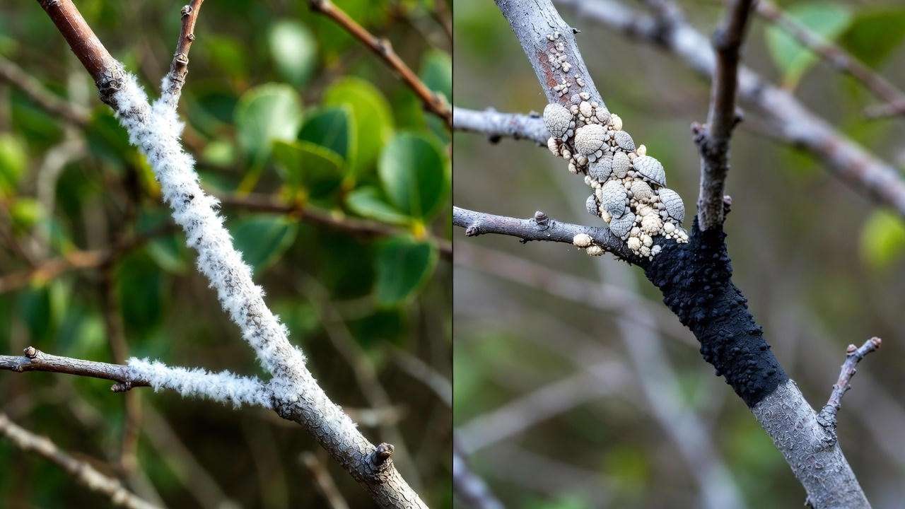 Powdery mildew and crepe myrtle bark scale identification on purple crepe myrtle branches