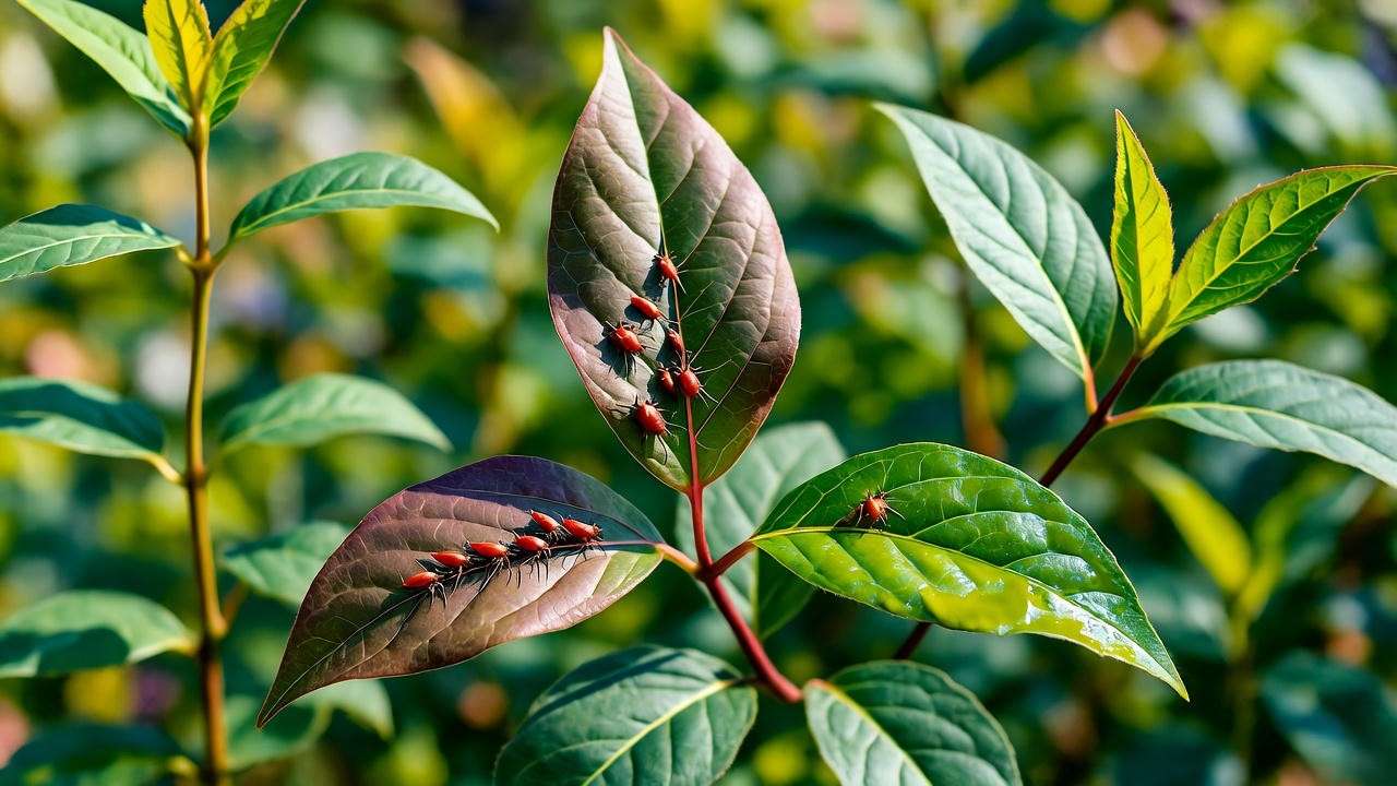 Aphid on Scentsation honeysuckle leaf vs healthy leaf with neem oil treatment."