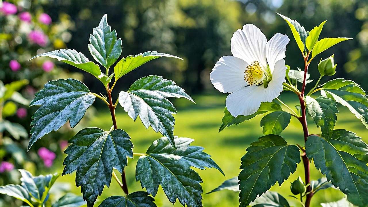 Comparison of a White Rose of Sharon plant with powdery mildew and a healthy plant."