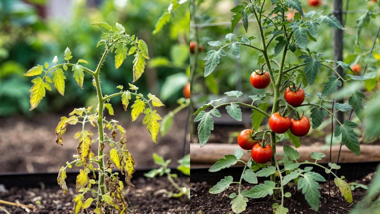Common tomato pruning mistake – over-pruning vs correct pruning comparison