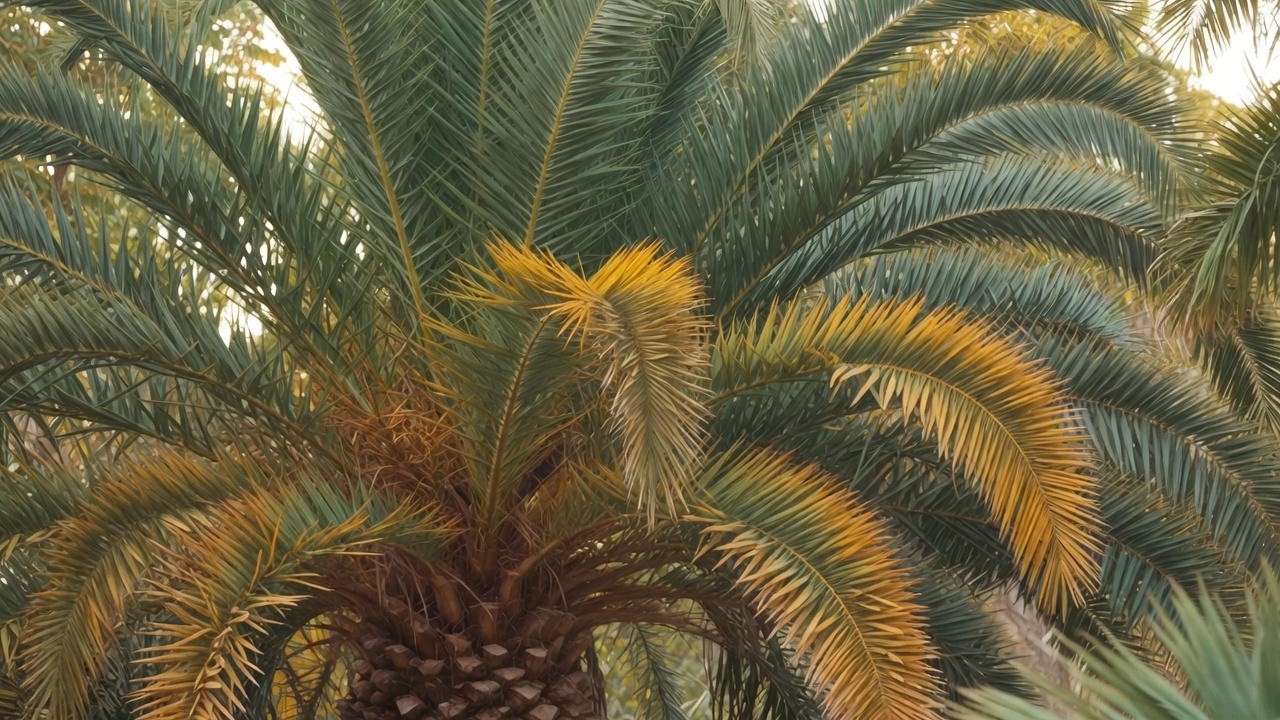 Close-up of a palm tree with yellowing fronds due to nutrient deficiency next to healthy green fronds."