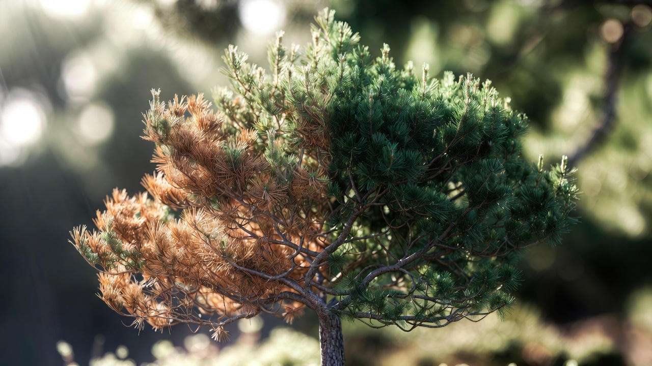 Thunderhead pine tree winter burn damage vs healthy foliage comparison