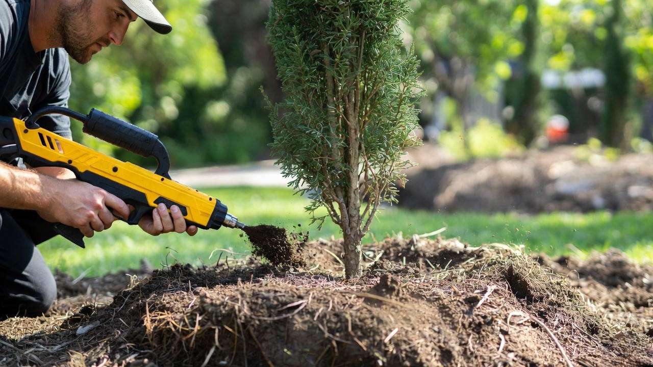Using air-spade to aerate compacted soil around tall skinny tree roots