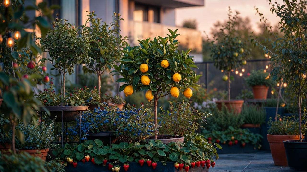 Multi-level container fruit tree orchard design on small urban patio with companion plants