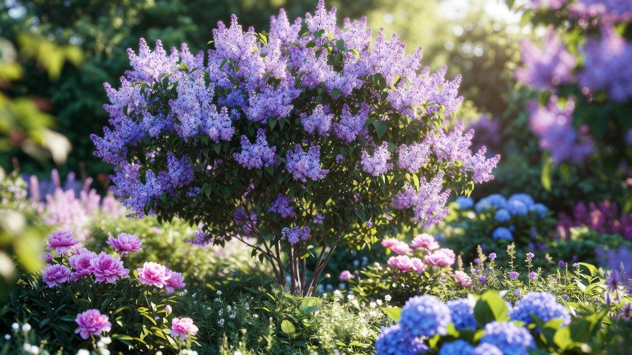 Miss Kim Lilac Tree with peonies and hydrangeas in a vibrant garden design.