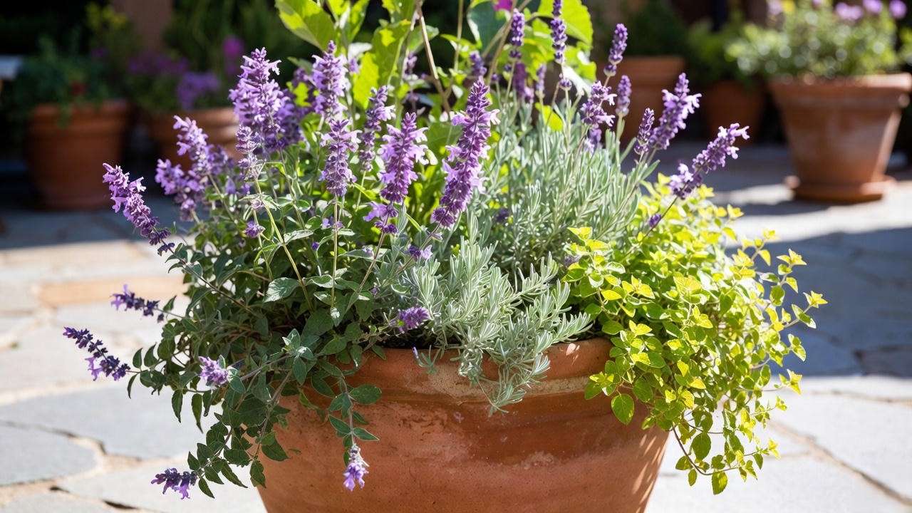 Calamint in container with lavender and oregano – perfect companion planting
