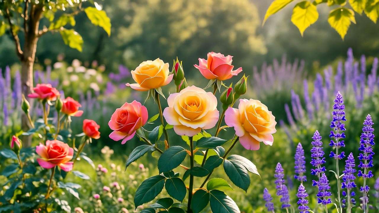 "Rio Samba rose plant with lavender and salvia as companion plants in a lush garden."