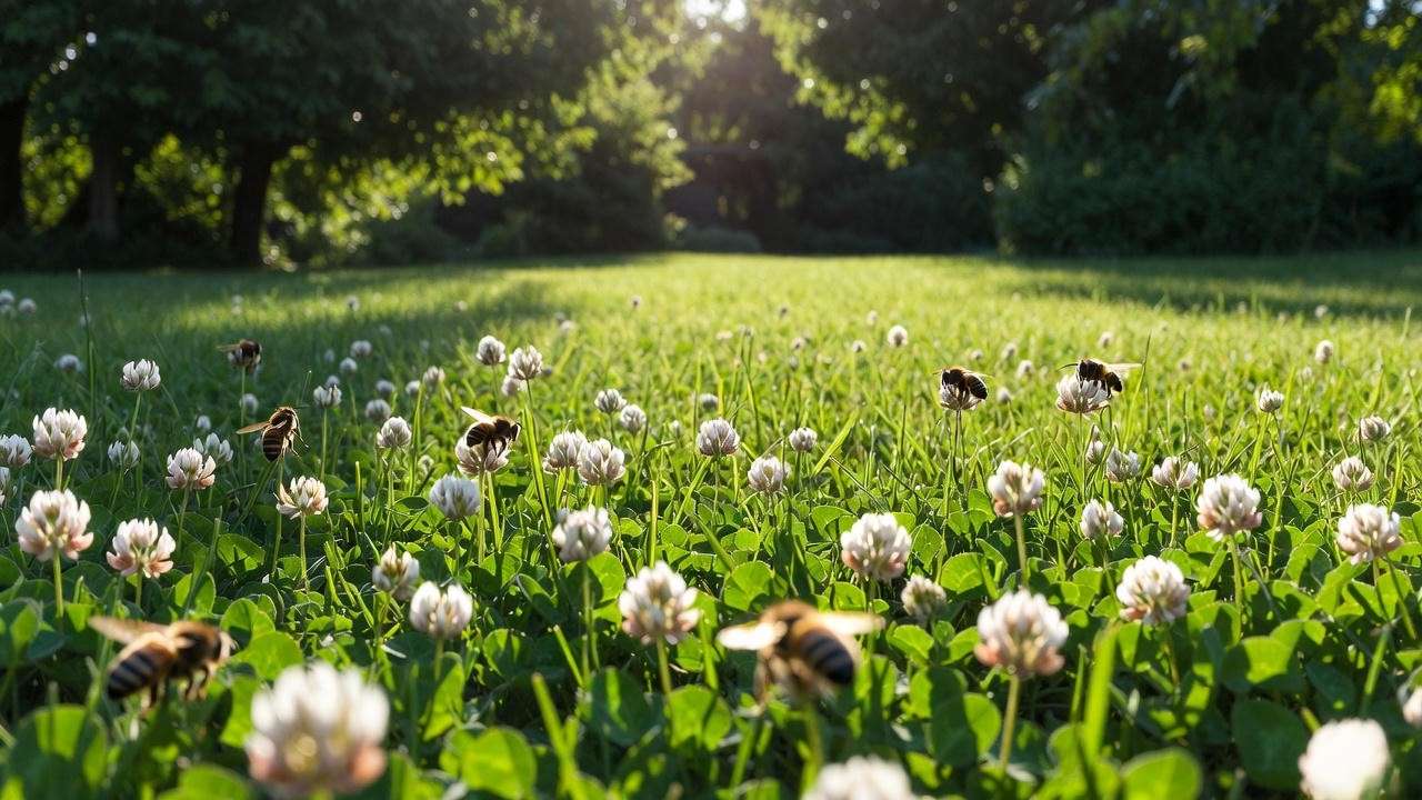 Thriving clover and grass mixed eco-lawn with pollinators in soft sunlight