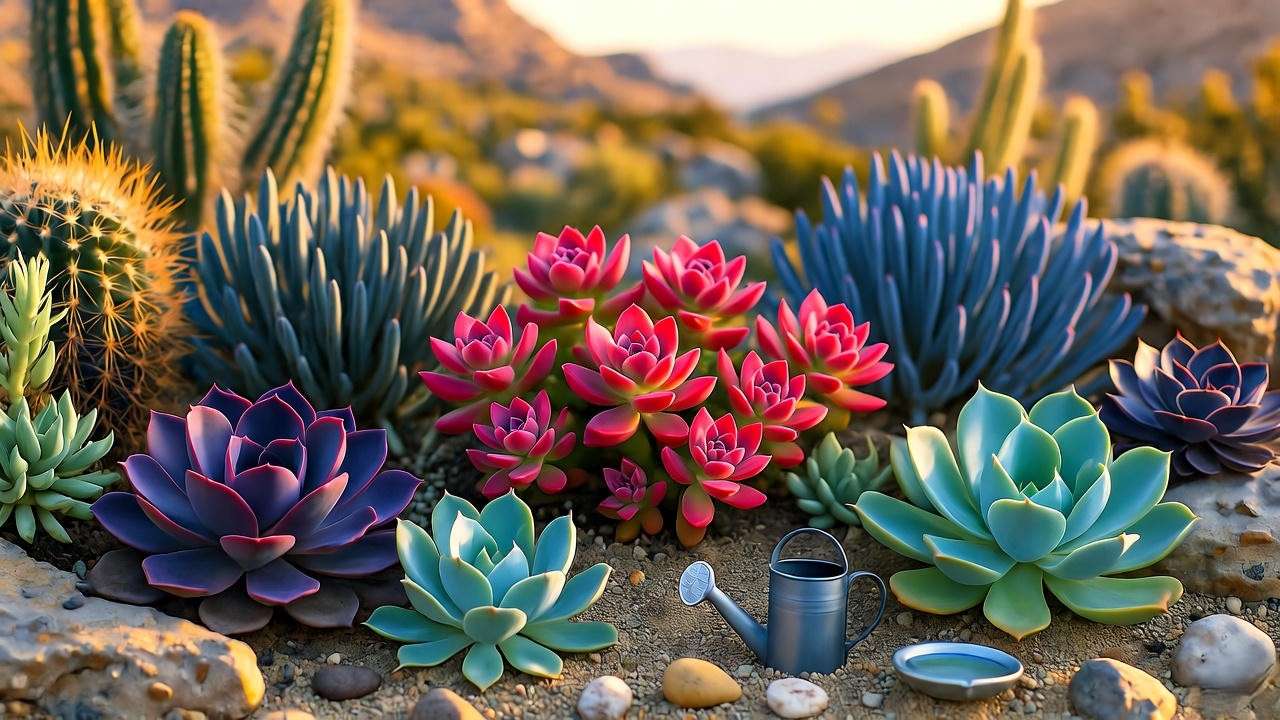 Vibrant rock garden scene at golden hour: central neon sedum glowing hot-pink, surrounded by Echeveria Black Prince, blue Senecio chalksticks, and miniature fairy accessories, natural desert landscape background, 16:9 ratio, no text.