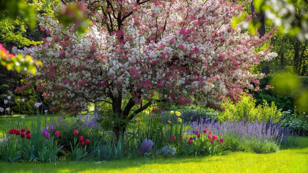 "Blooming crabapple tree with pink and white flowers surrounded by tulips and lavender in a lush garden bed."