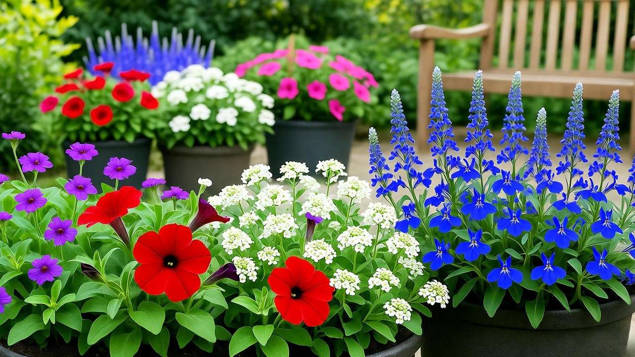 "Garden design with red petunias, white alyssum, and blue lobelia in a patio setting".