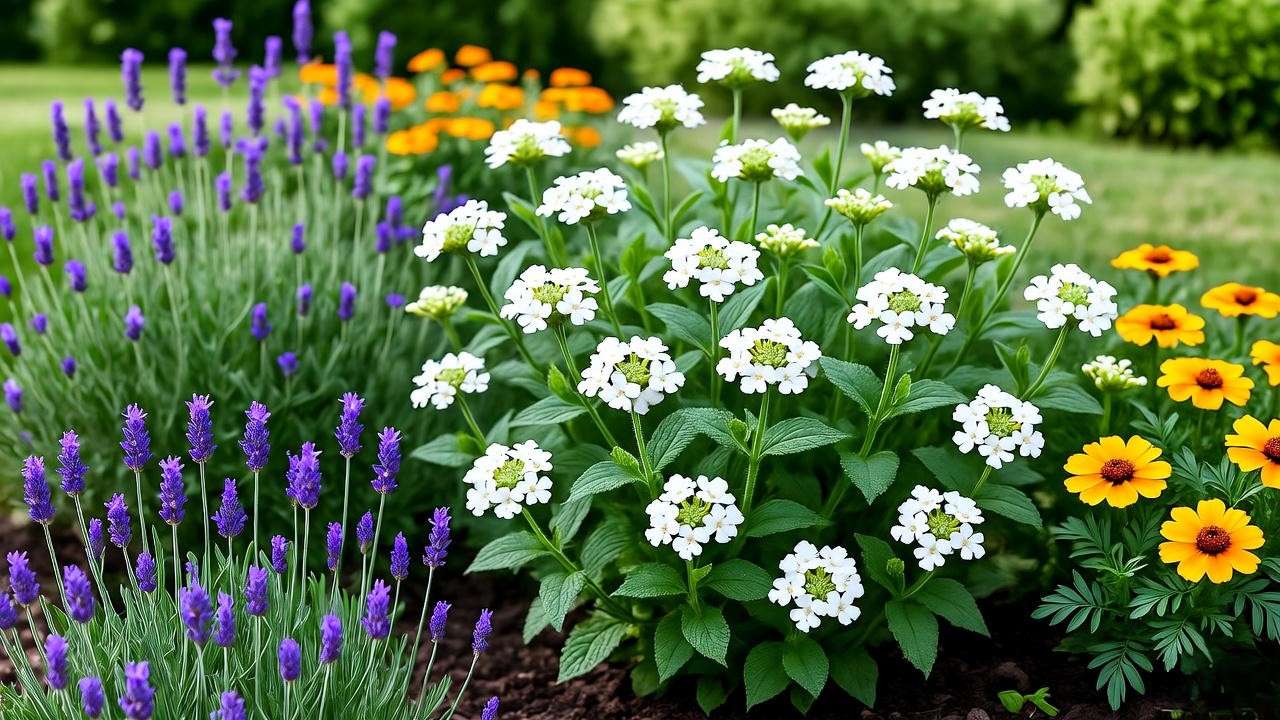 White verbena companion planted with lavender and marigolds in a garden."