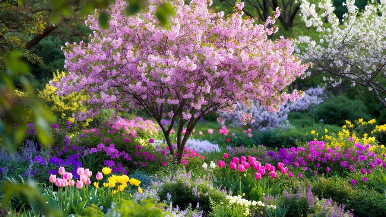 Pink-blooming tree with tulips and azaleas in lush garden".