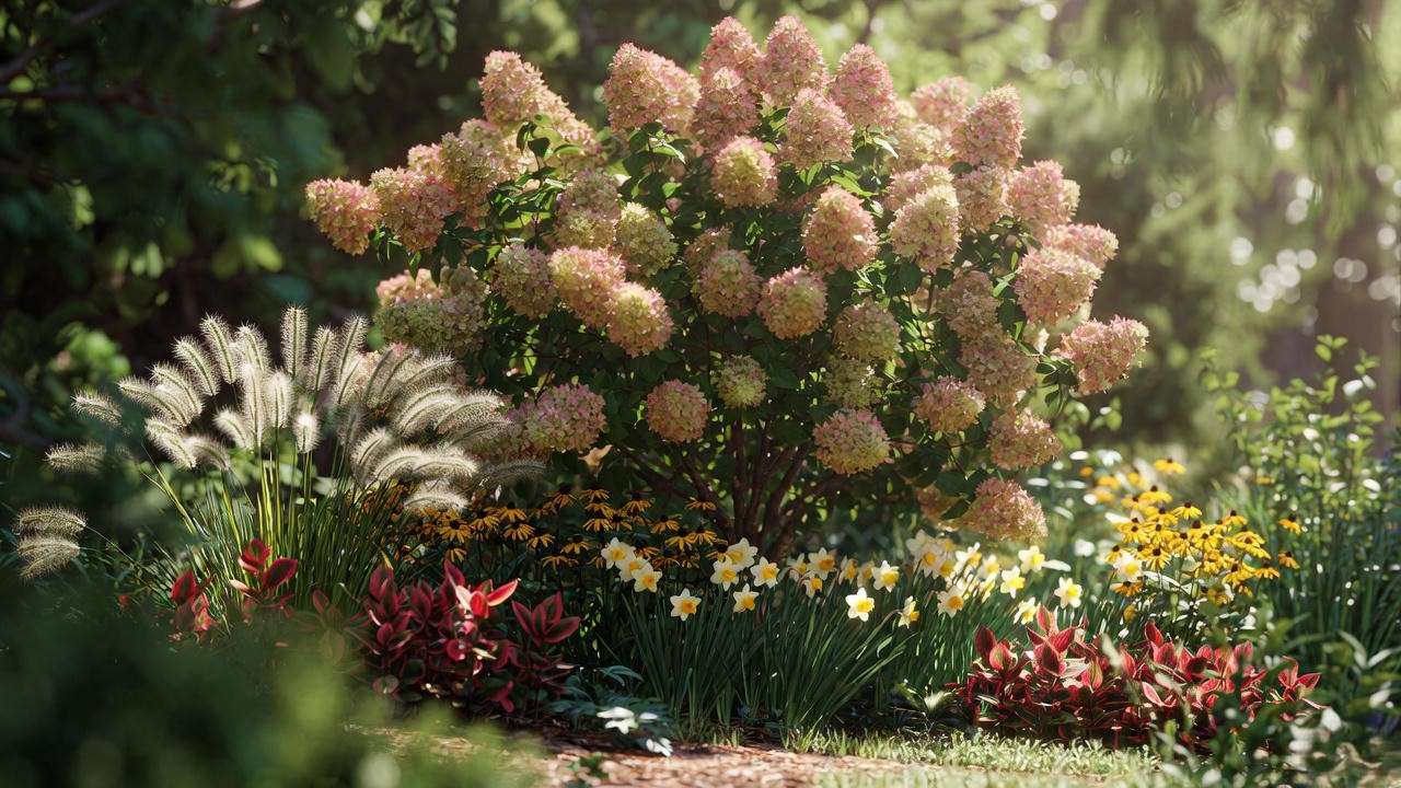 Quick Fire hydrangea tree with seasonal companion plants for year-round interest