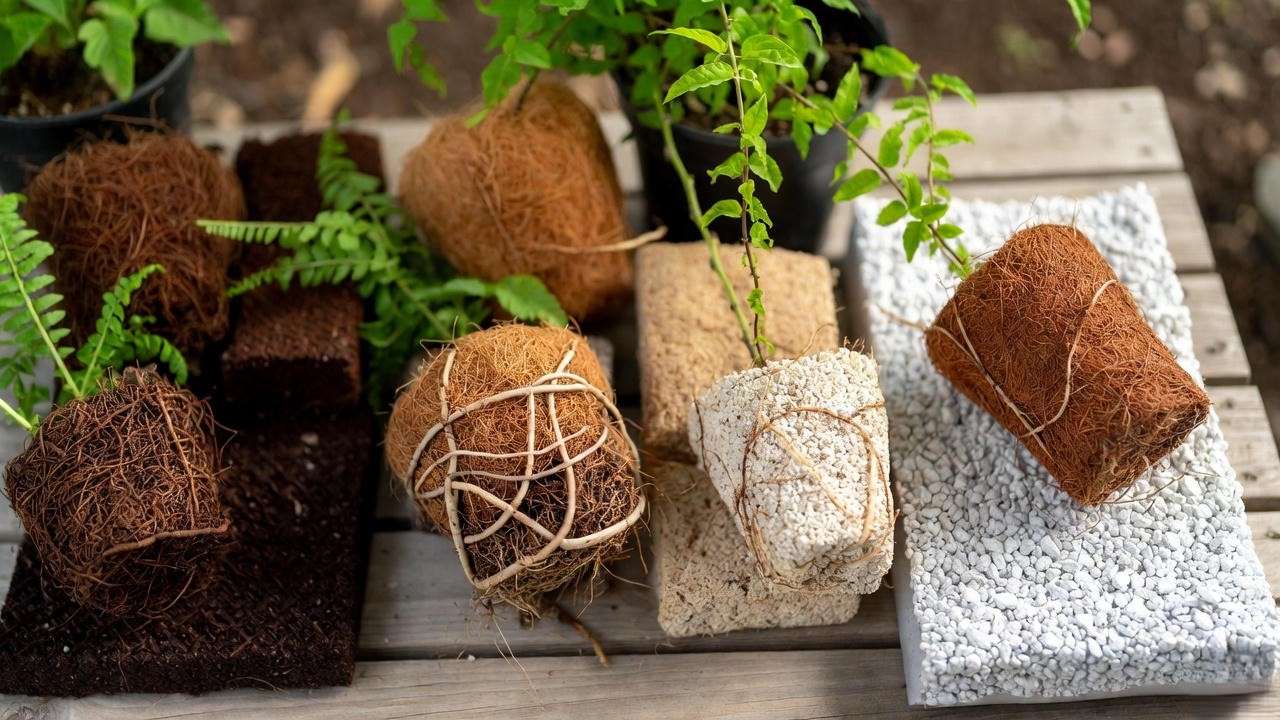 Comparison of tree fern fiber, peat moss, coir, and perlite with healthy plant roots."