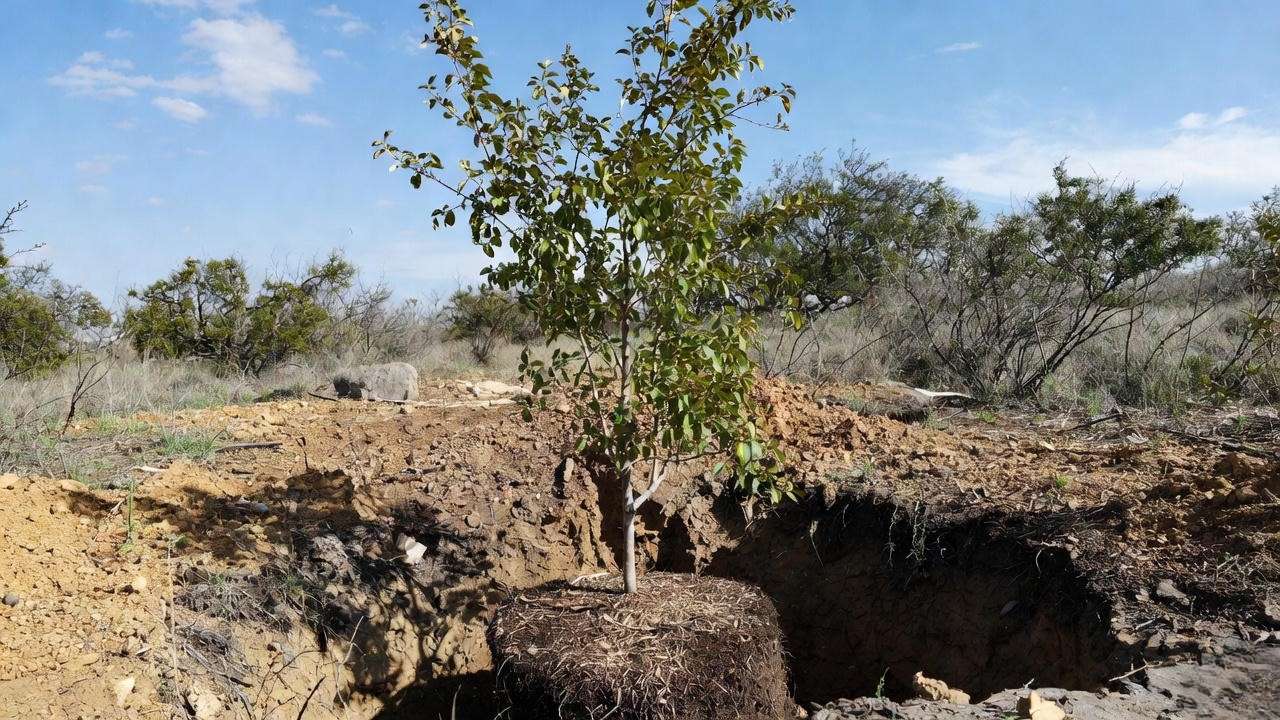 Correct way to plant flowering trees in Texas clay soil showing exposed root flare and berm