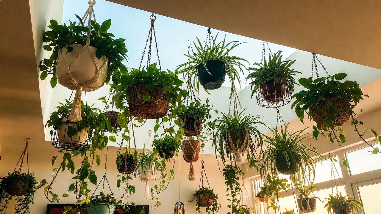 Stunning indoor hanging plant ceiling with mixed macramé and ceramic containers in modern living room”