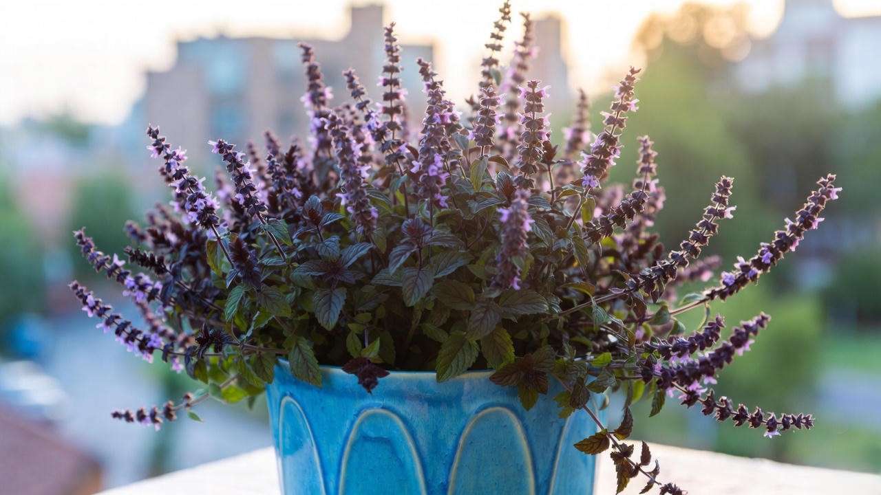 Thriving chocolate mint herb plant in container on apartment balcony – perfect for small spaces