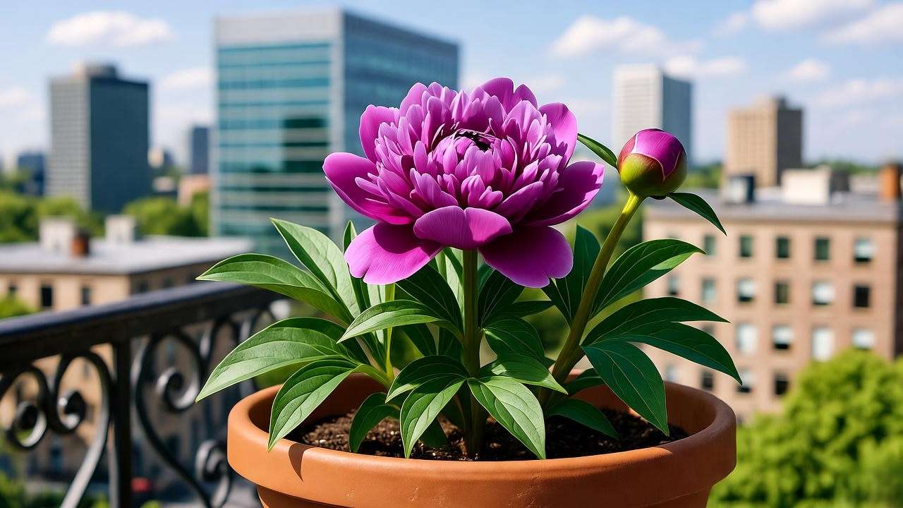 Purple peony plant thriving in container pot for balcony or patio gardens