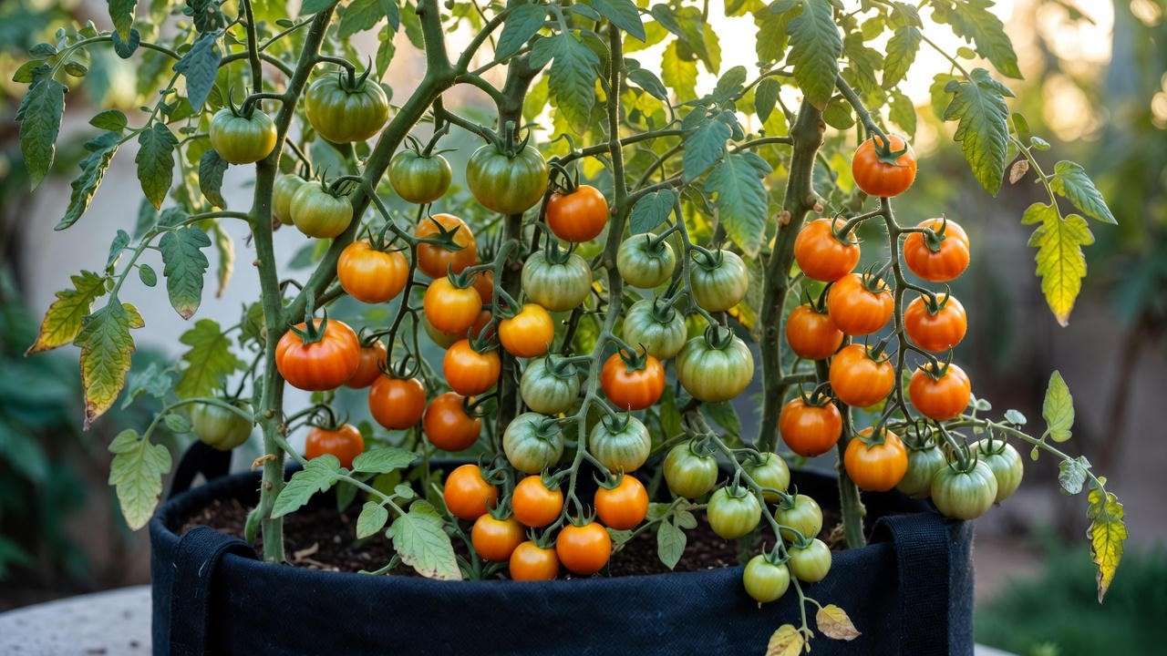 Sun Sugar tomato plant thriving in 20-gallon fabric pot container gardening