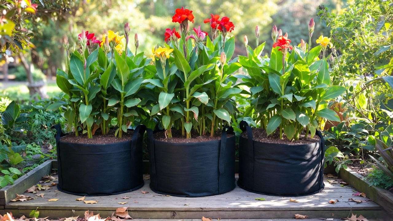 Tall canna lilies growing successfully in containers on a patio
