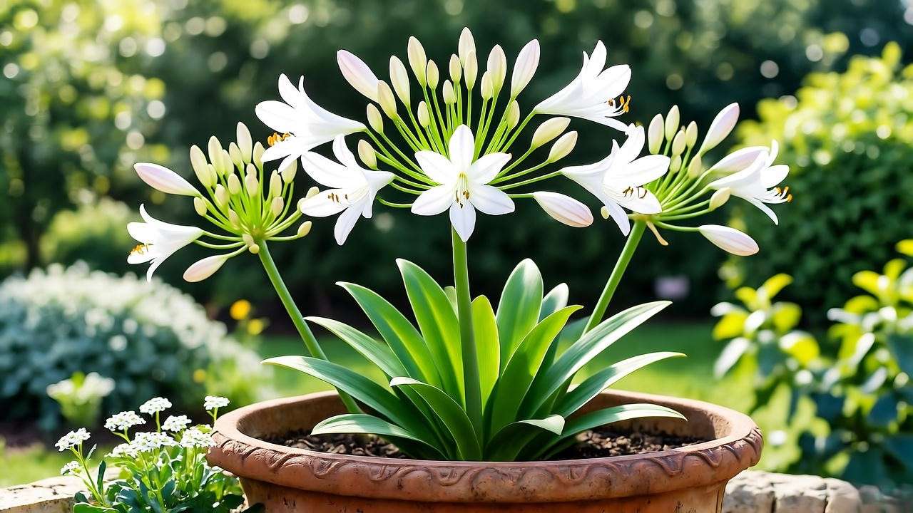 White agapanthus plant in a decorative container on a patio"
