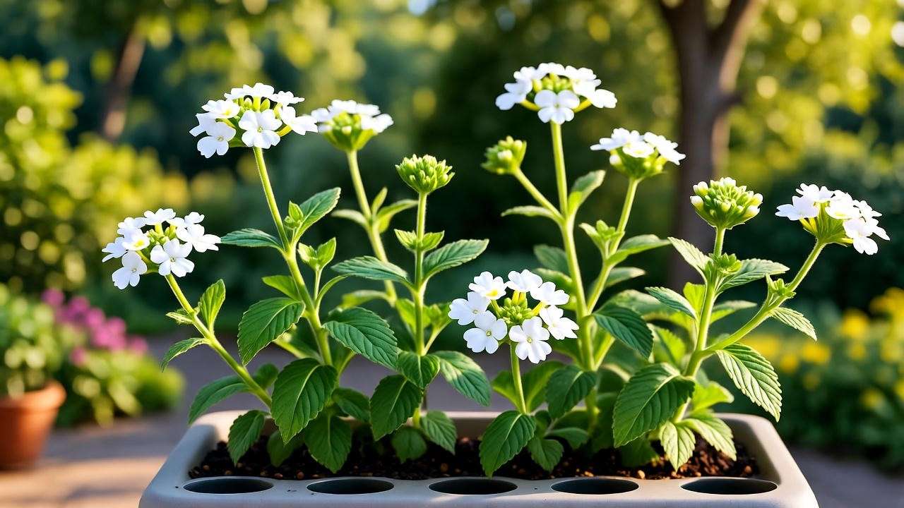 White verbena in a container with drainage holes on a patio."