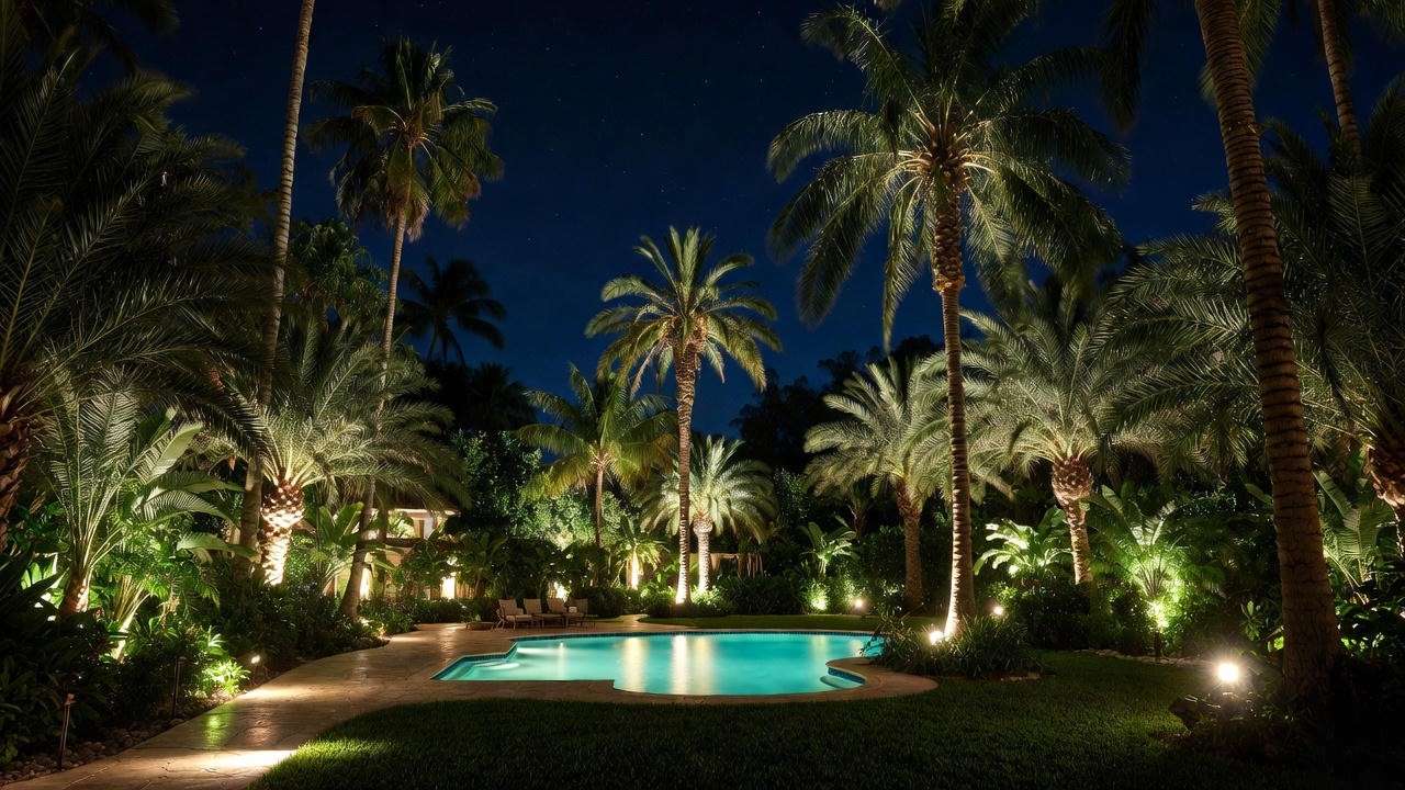 High-end resort-style palm tree lighting with multiple layered techniques around poo