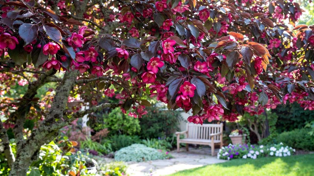 "Crabapple Royalty tree with magenta flowers in a patio garden."