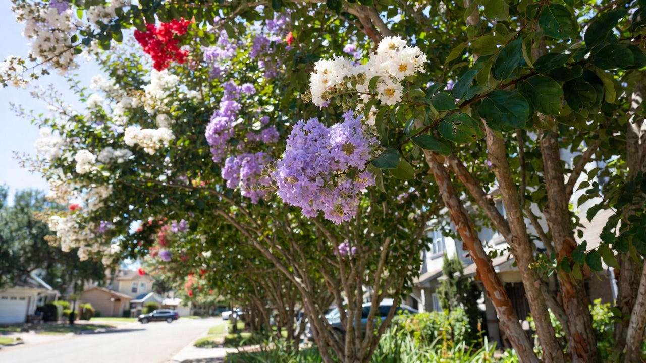 Natchez white, Muskogee lavender, and Dynamite red crape myrtles blooming in Texas summer