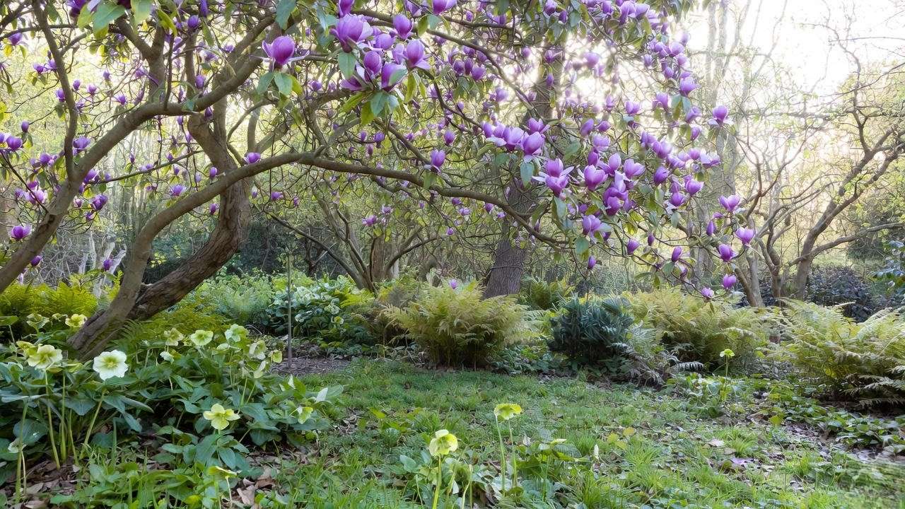 "Saucer Magnolia as a focal point with hellebores and ferns in a spring garden.