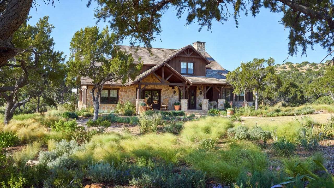 Firewise Zone 2 landscape with properly spaced and limbed cedar trees in Texas