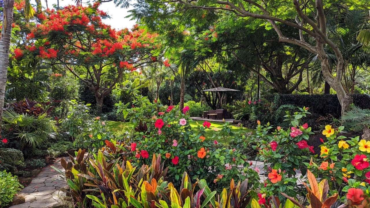 Tropical garden with flowering Hawaiian trees like royal poinciana and hibiscus, stone pathway, and shaded seating area under a vibrant canopy.