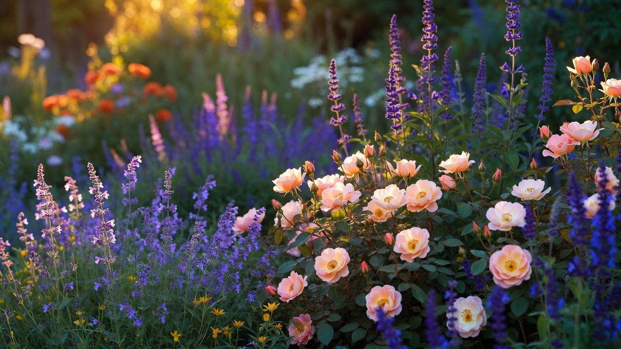 Ground cover roses paired with catmint and salvia for perfect low-maintenance companion planting