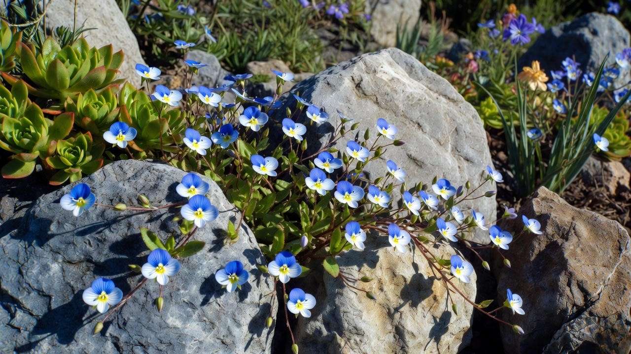 Georgia Blue speedwell plant cascading in rock garden as groundcover