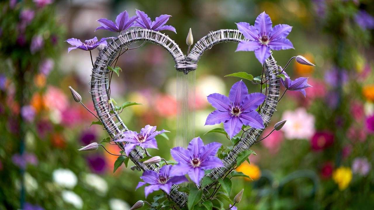 eart-shaped guitar string tree supporting purple clematis in a colorful garden.