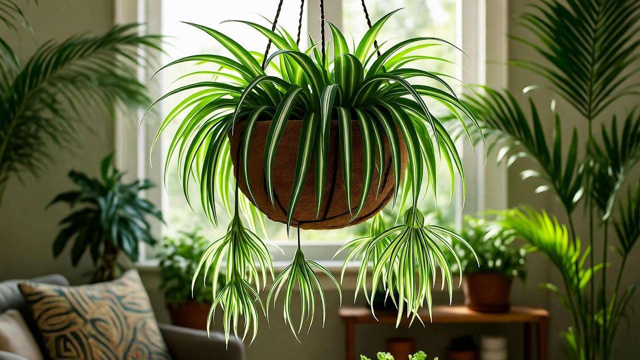 Hawaiian Spider Plant in a hanging basket in a modern living room."