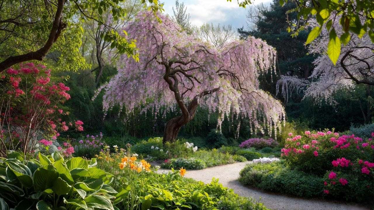 Weeping cherry tree dwarf as a focal point with hostas and azaleas in a garden."