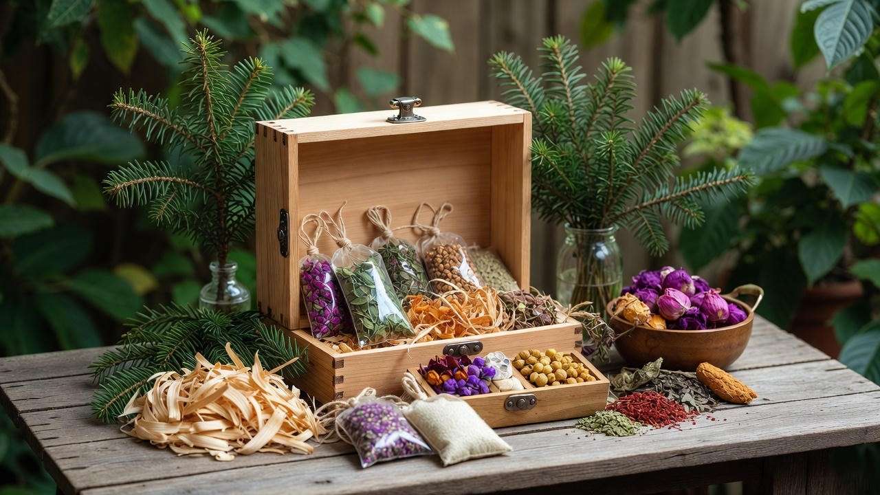 DIY craft with aromatic evergreen wood shavings and sachets on a wooden table in a garden".