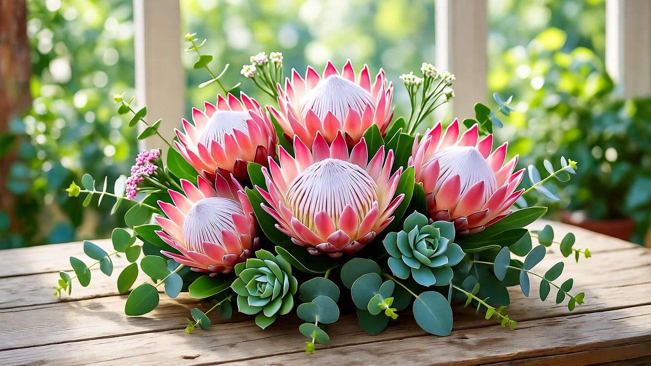 "Floral arrangement with Pink Ice Protea blooms, eucalyptus, and succulents on a rustic table."