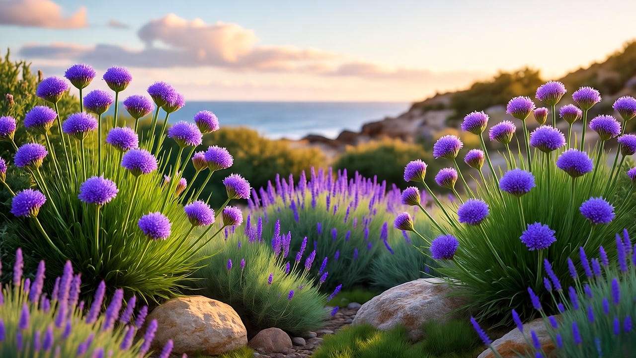 Coastal garden with Statice Perezii plants as borders alongside lavender and rocks at sunset."