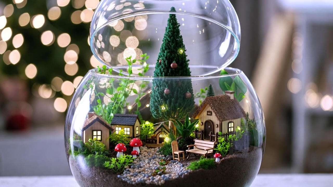 Princess pine tree used as fairy garden centerpiece with miniature accessories