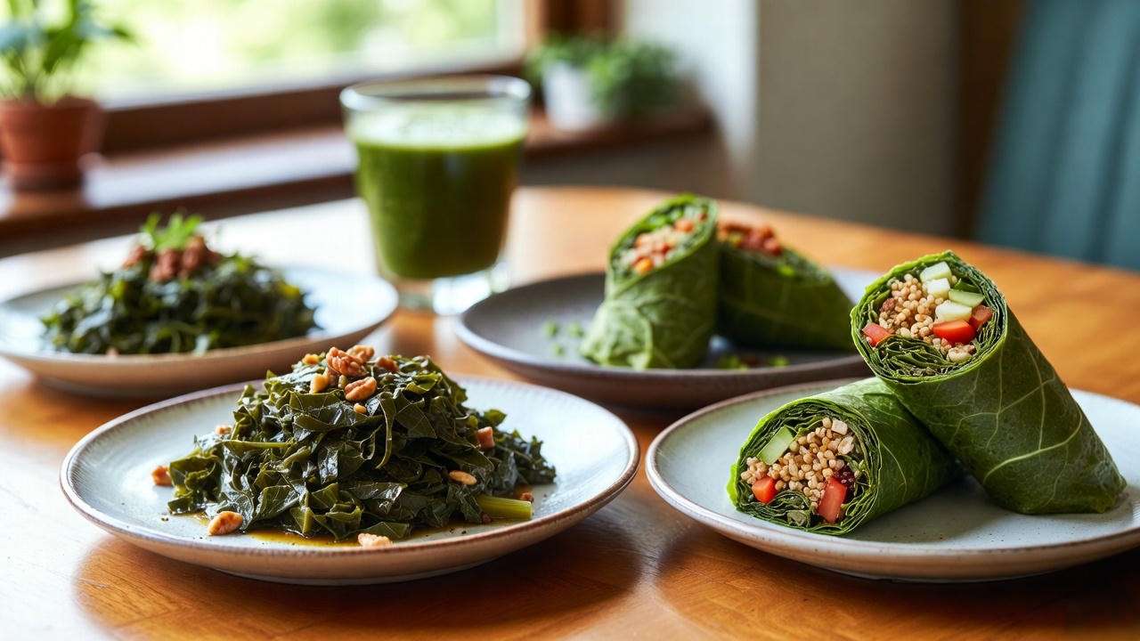 "Plate of collard green dishes including wraps and smoothie.