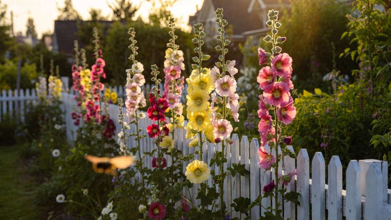 Tall hollyhocks creating privacy screen in cottage garden”