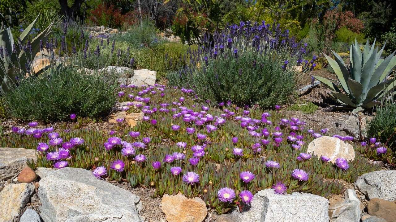 Landscape with purple ice plants on slope with lavender and agave".