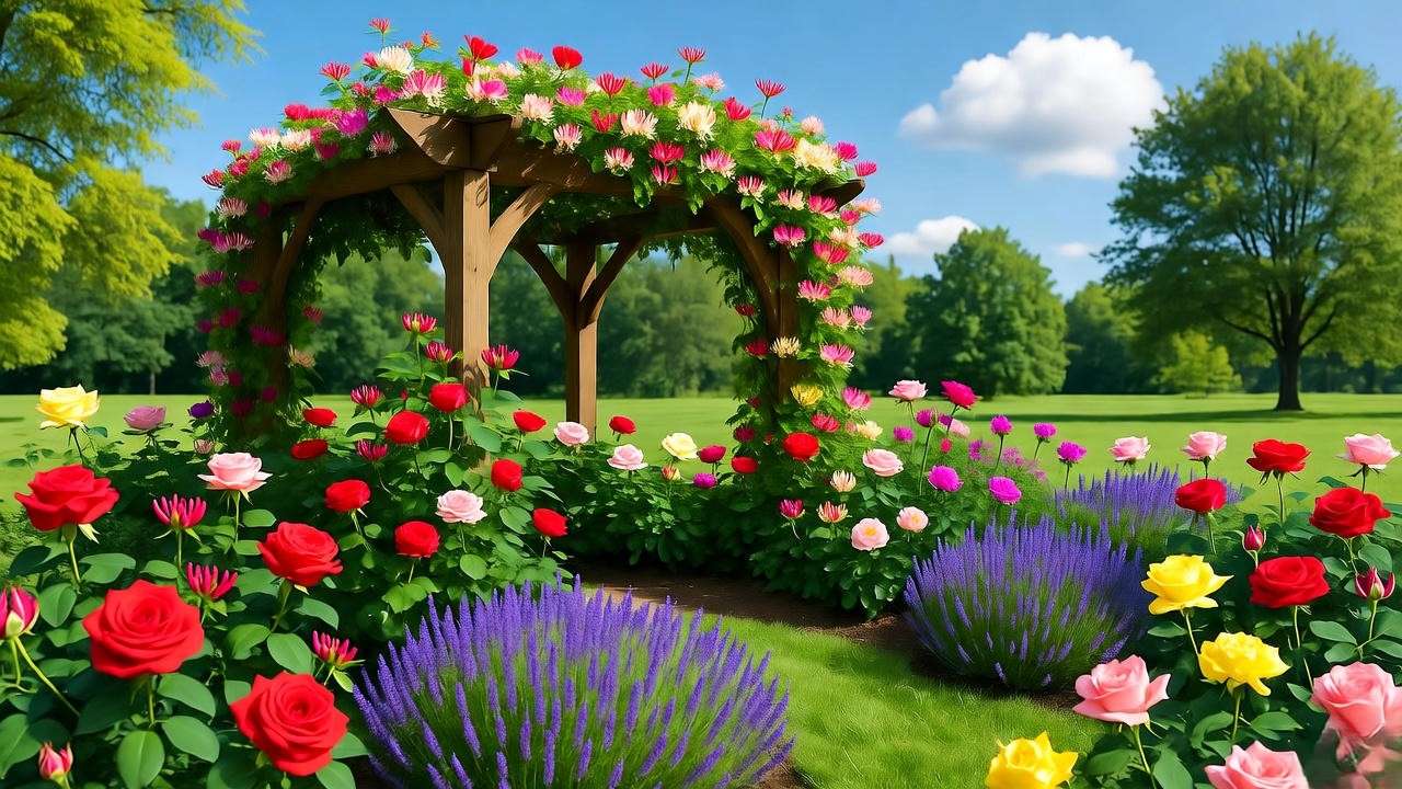 Scentsation honeysuckle on pergola with roses and lavender in garden design."