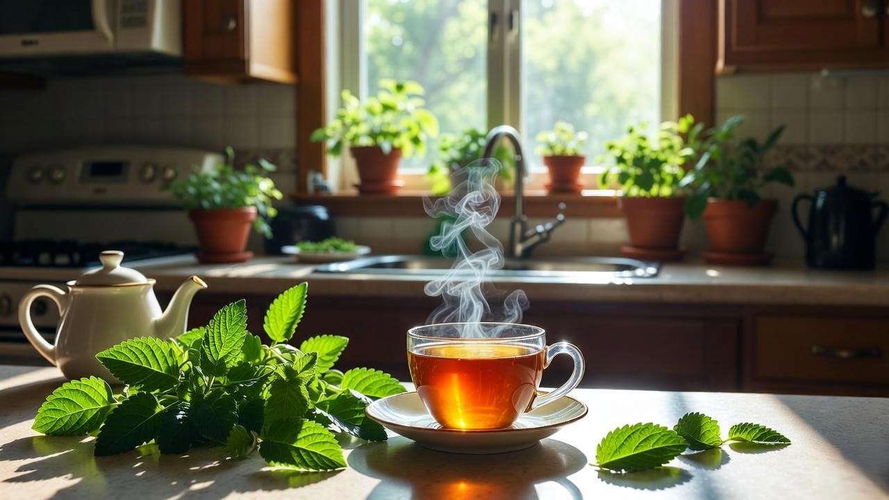 Steaming cup of lemon balm tea with fresh leaves and herbs by a sunny window."