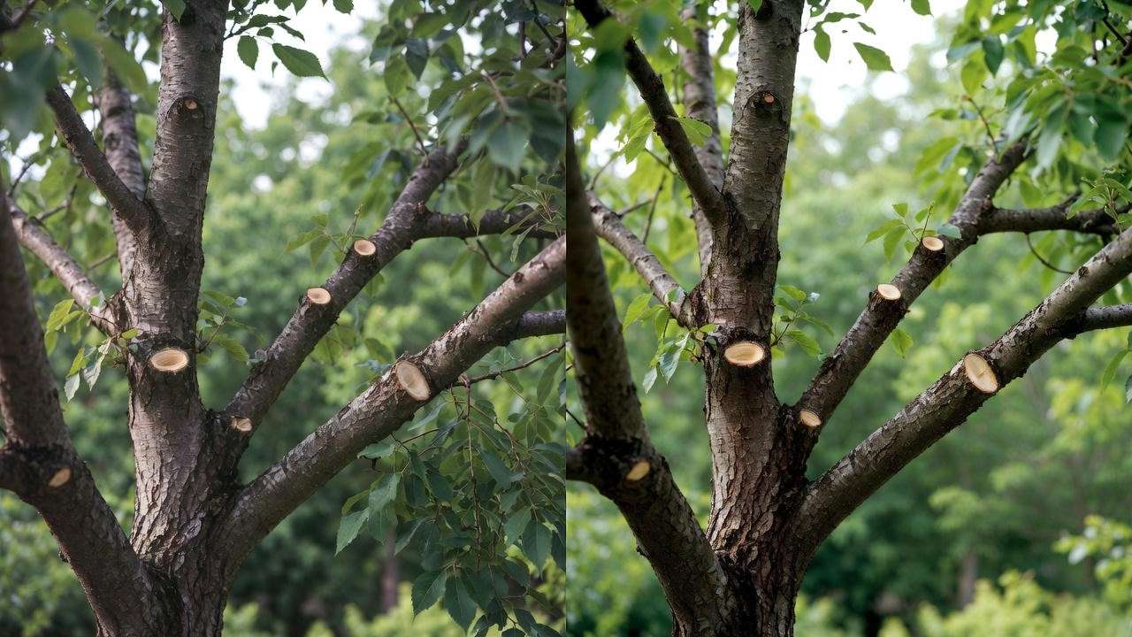 Before and after proper pruning vs crepe murder on Black Diamond crepe myrtle tree